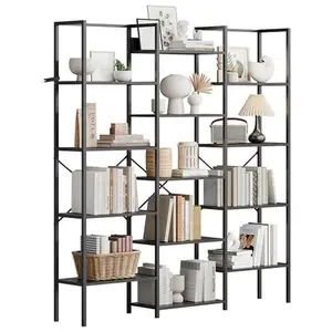 Black Triple Column 5-Tier Bookshelf, Bookcase W/14 Display Shelves, Rustic Industrial Bookshelf with Frame, Modern Wide Large Book Shelf Book Case, Ideal for Living Room, Home and Offcie