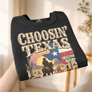 Choosin' Texas Graphic Shirt – Western Cowboy Design with Texas Flag & Scenic Vibes, Full Colors, Full Sizes, For Men, For Women Casual Cotton