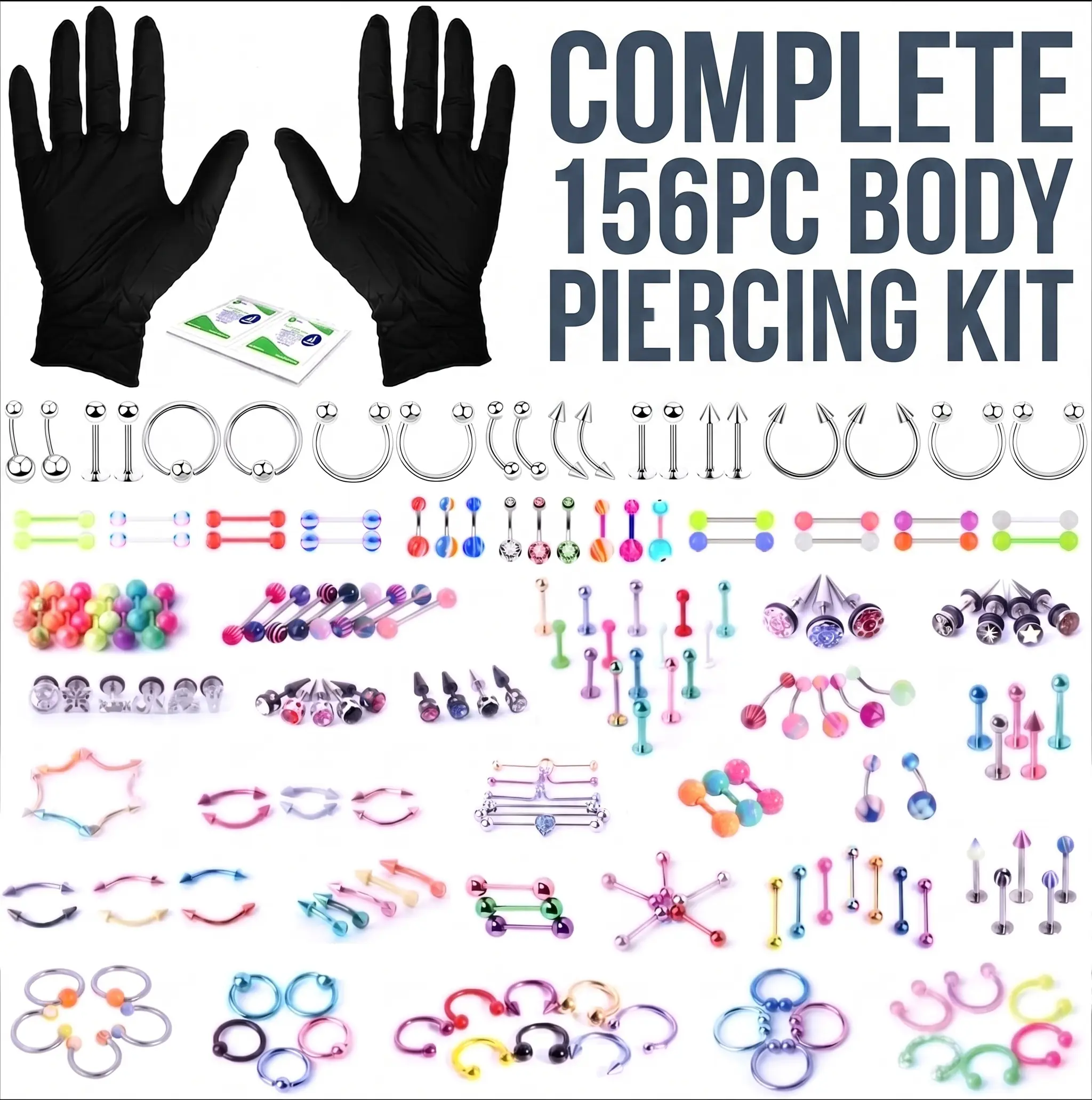 156PC Body Piercing Kit with Needles - Belly Button Ring Nose Septum Tragus Cartilage Industrial - Horseshoe Hoop Barbell Labret Stud Captive Spike - 14G 16G 18G 20G Random Mix Body Jewelry