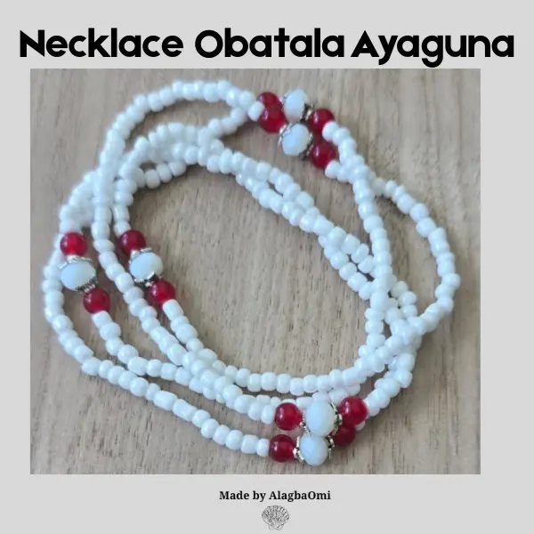 Obatala Ayaguna Necklace - 18.5 Inches, White with Red Details, Silver Separators.