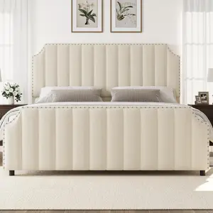 Garvee King Size Velvet Platform Bed Frame with 50.2 in Tall Tufted Headboard & Footboard, Nailhead Trim, No Box Spring Needed, Cream Upholstered Bed Frame, Vertical Channel Design