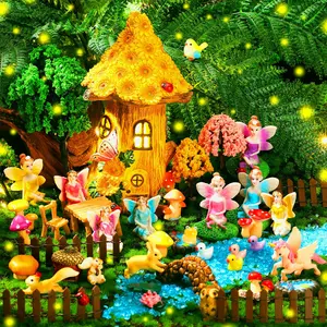 Miniature Fairy Garden Decor 50pcs Mini Fairy Decor Accessories Solar Light Up Fairy House Resin Figurines Cute 3D Tiny Fairy Statues Fairy Mushroom House for Summer Garden Outdoor Patio Yard Lawn Plant Pots Micro Landscape, Gift for Friends Family Girls