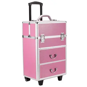 Rolling Makeup Train Case with Drawers Professional Nail Tech Travel Case Cosmetics Storage Organizer Beauty/Nail /Hair Styling Travelling Cart Trunk