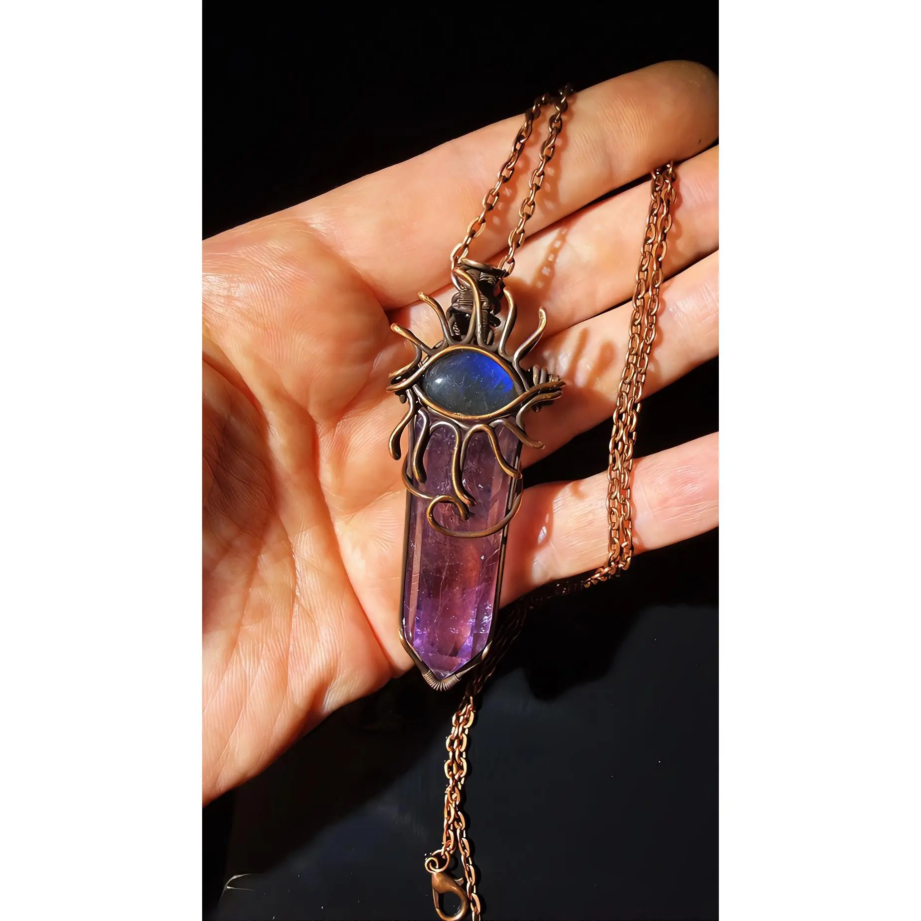Unisex Elegant Rainbow Moonstone Pendant Necklace with Copper-Bronze Chain, Intricate Design and Labradorite Accent Chain Costume Jewelry