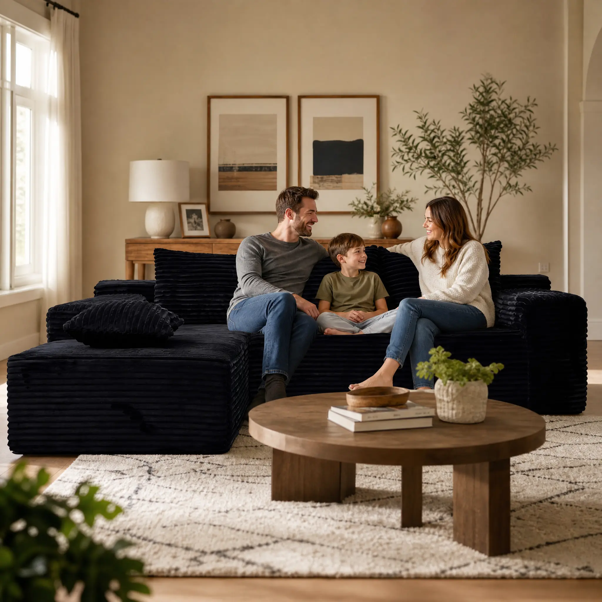 Living Room L-Shaped Black Velvet Sofa with Cozy Throw Pillows, Modern Elegant Design - Indoor Furniture, Sofas & Couches Space-Saving Indoor Furniture for Daily Relaxation, Reading, Coffee & Guest Sleepovers.