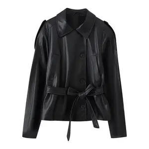 Women’s faux leather long-sleeve trench coat jacket, stand-up collar, button-front closure, padded shoulders, casual jacket for autumn and winter
