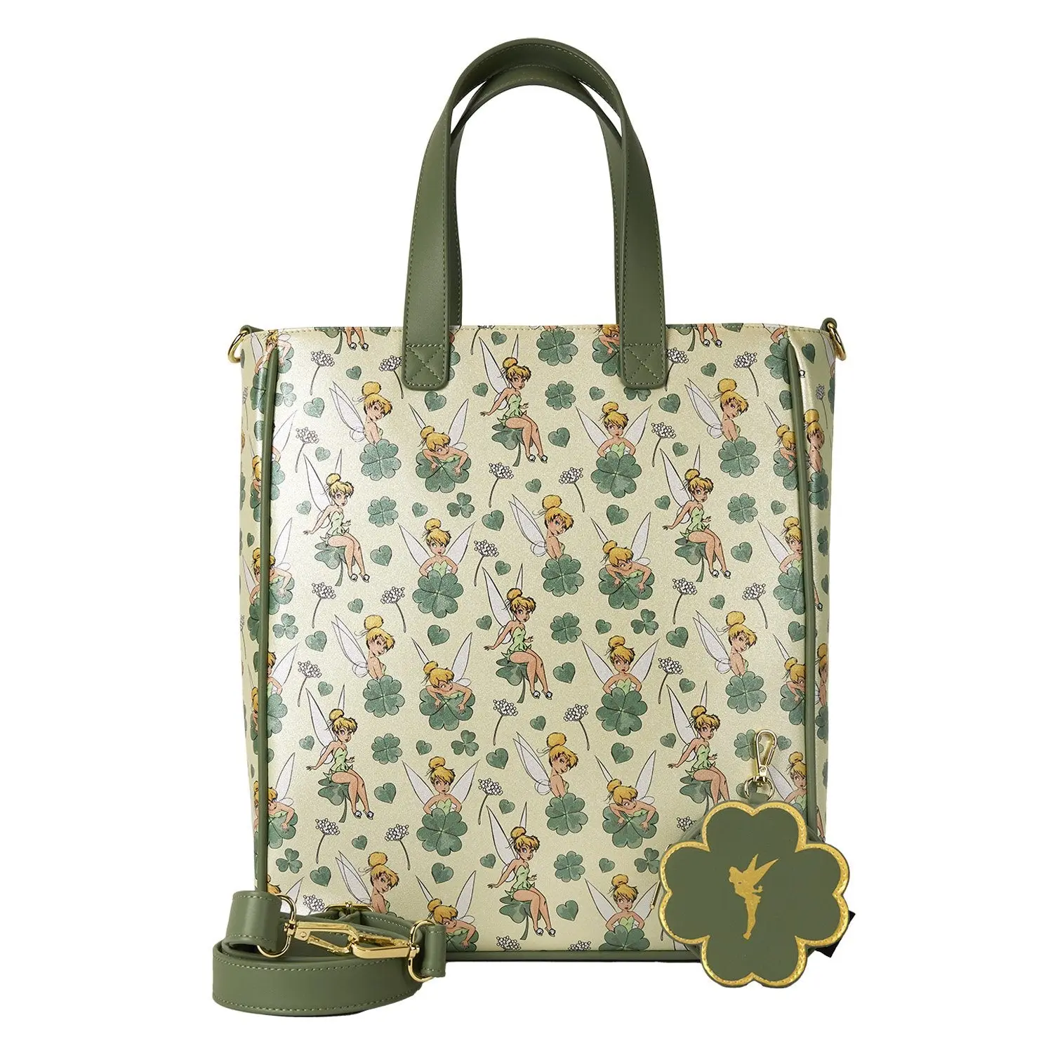 Loungefly Disney Tinker Bell Clover Print Faux Leather Tote Bag with Glitter Details and Coin Purse - Fashionable Unique Bags for Women, Casual Wear, Graphic, Glitter Accents, All Over Print, Adjustable Strap, Lightweight, Removable Coin Bag