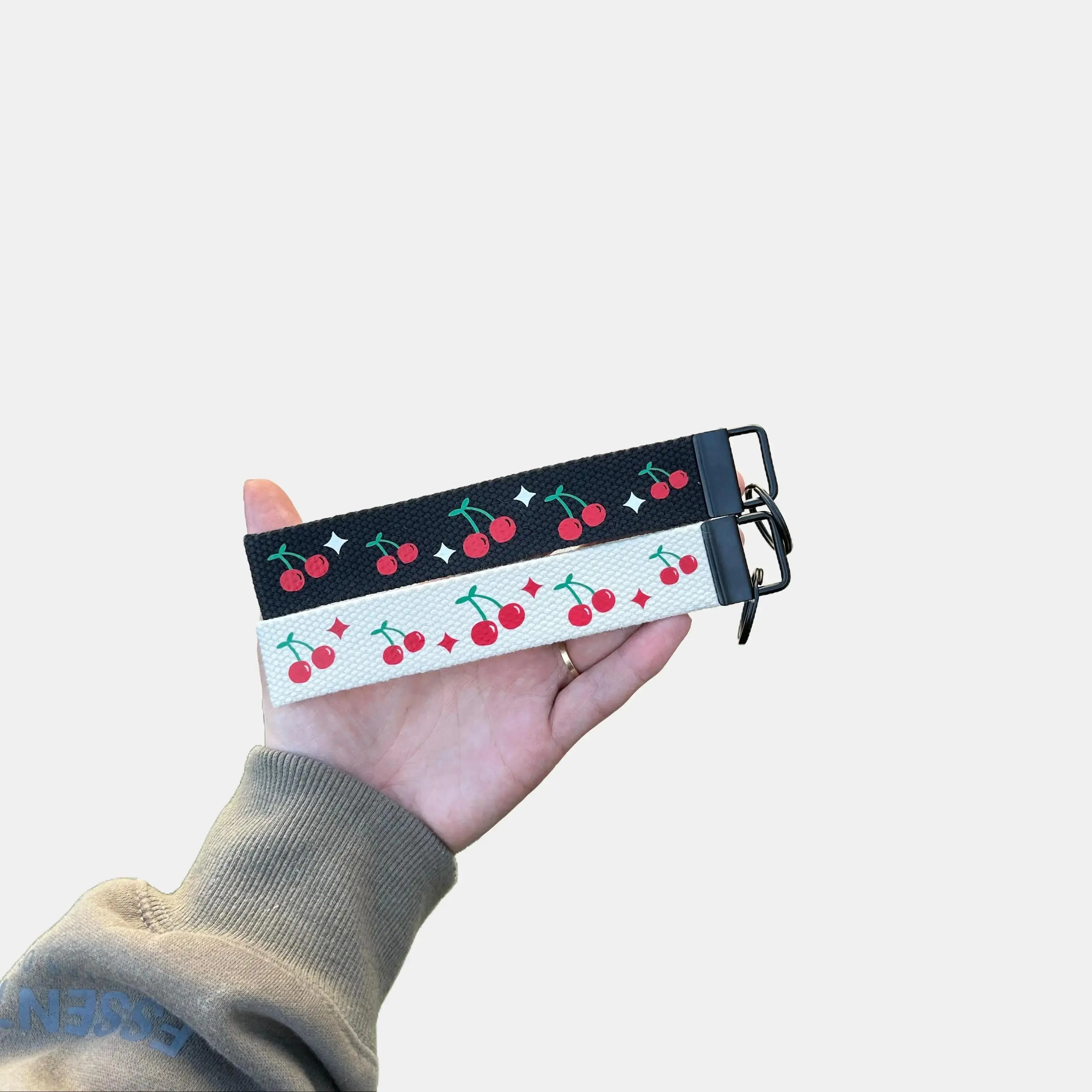 Cherry Print Keychain Wristlet - 100% Cotton Handmade Keychain with 6" Long Wristlet, Perfect for Everyday Use, Cherry Charm, Cute Keychain bag charms