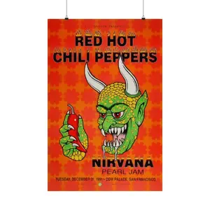 Bold Red Hot Chili Peppers Concert Poster - Nirvana & Pearl Jam at Cow Palace, December 31, 1991 - Vintage Rock Art