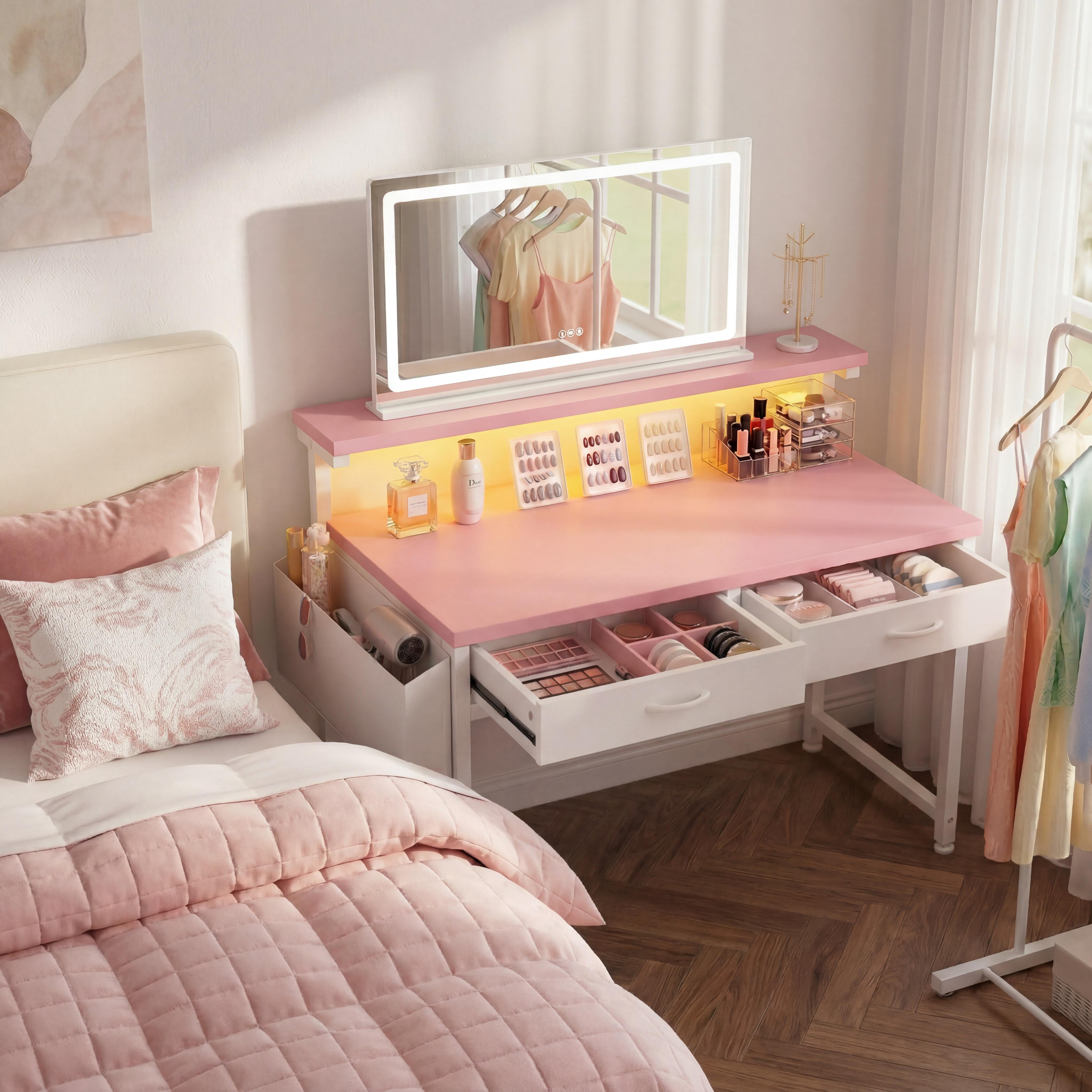 【Vanity & Office Desk】31.5'' Gaming Desk with LED Lights in Dorm & Tiny home,Computer desk with 2 Storage Drawers,Home Office Desk with Side Pocket & Ergonomic Monitor Stand,Writing Table with Anti-Tip Design, gift for Women and Teens,women bedroom decor 【Vanity & Office Desk】31.5'' Gaming Desk with LED Lights in Dorm & Tiny home,Computer desk with 2 Storage Drawers,Home Office Desk with Side Pocket & Ergonomic Monitor Stand,Writing Table with Anti-Tip Design, gift for Women and Teens,women bedroom decor