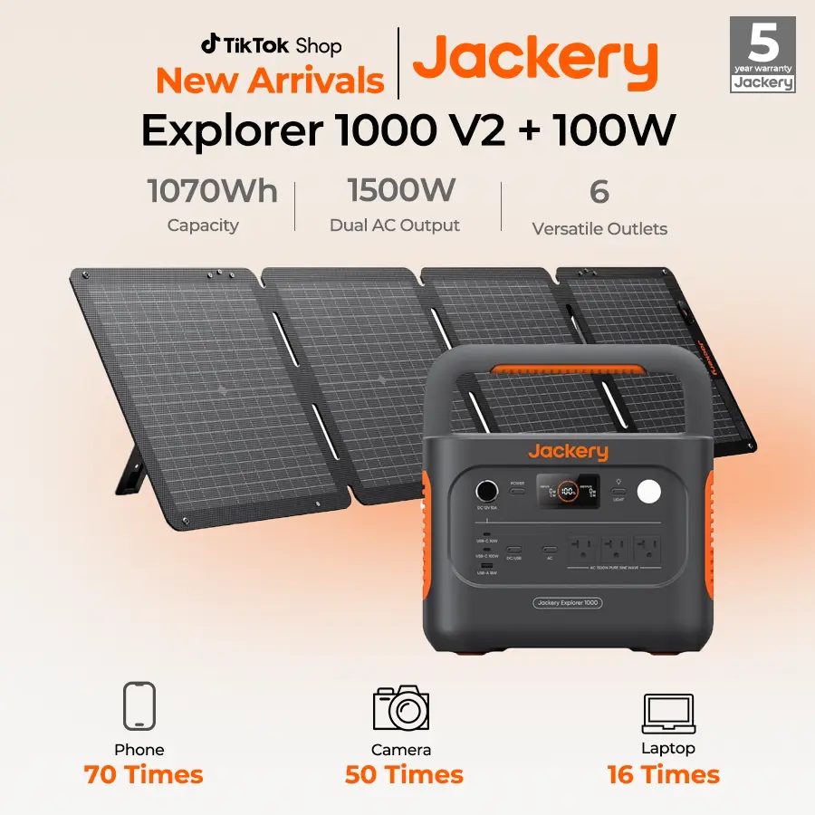 [Opening Ceremony] The Jackery Explorer 1000 v2 portable power station comes paired with a foldable 100W solar panel. Featuring a 1070Wh LiFePO₄ battery and 1500W rated output, it supports one-hour fast charging.