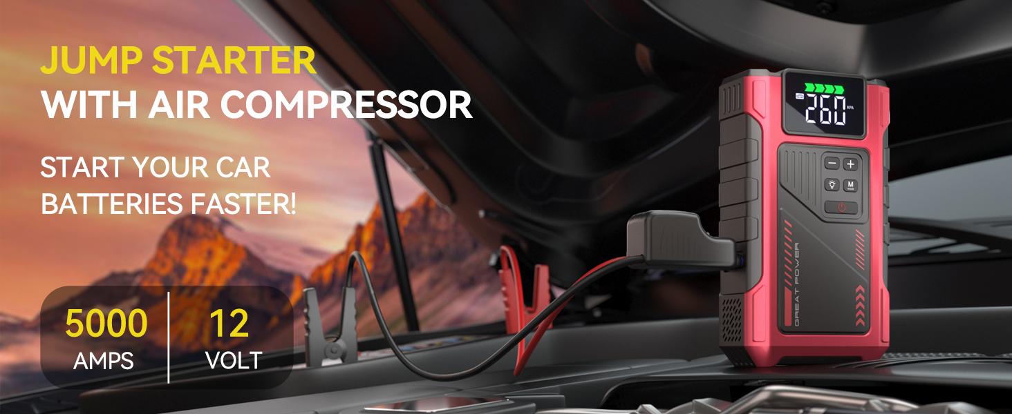 Jump Starter with Air Compressor, 5000A 150PSI Car Battery Jump Starter (8.5 Gas/7.0L Diesel), 12V Jump Box Car Battery Jumper Starter Portable with Jumper Cables, LCD Display, Lights Vehicle