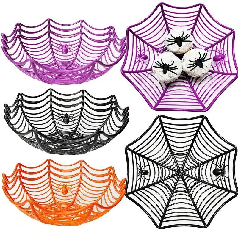 3-Piece Set Of Colorful Halloween Candy Storage Baskets, Plastic Spider Web Fruit Trays, Black Cookie Snack Baskets, Halloween Decoration Storage Boxes