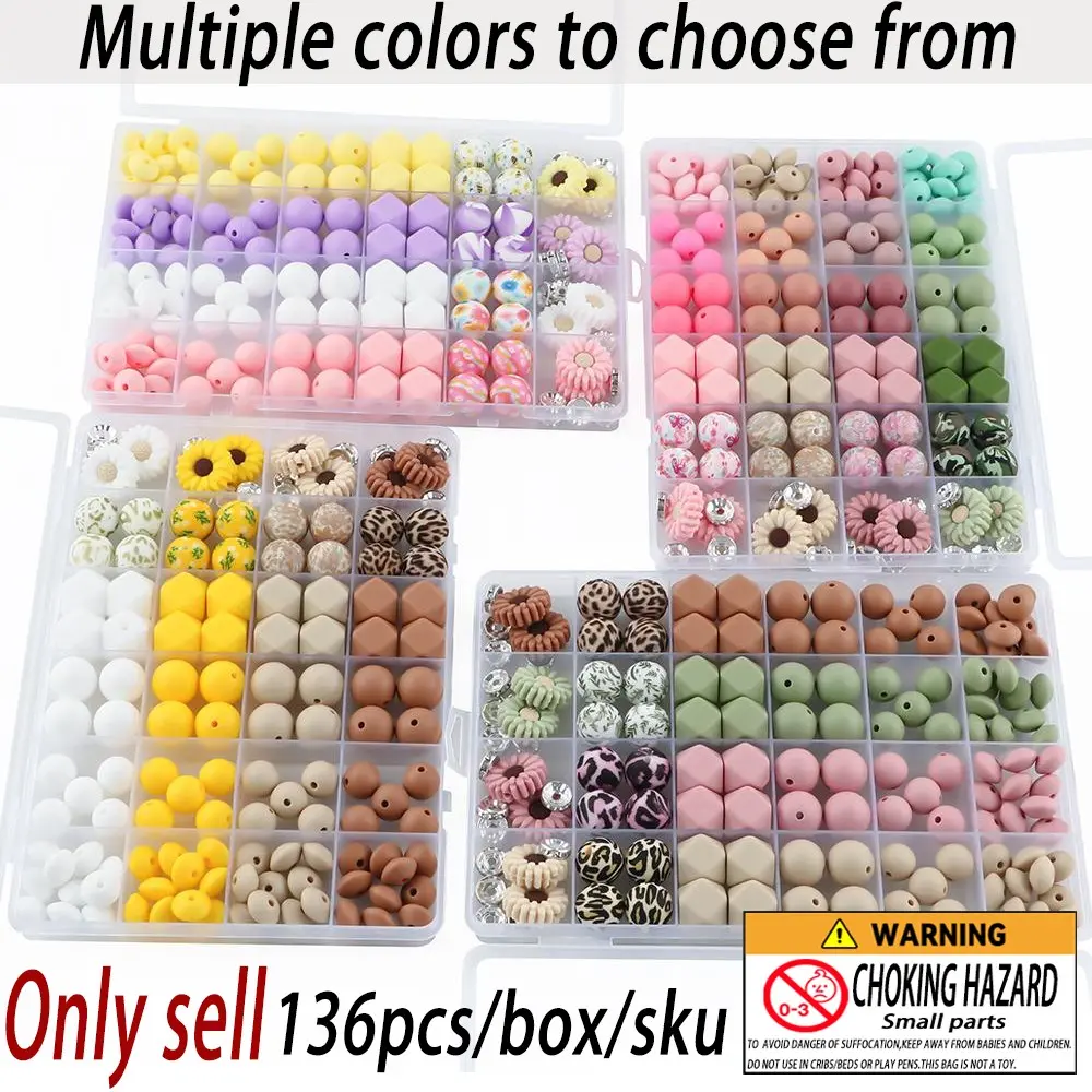 136pcs Silicone Beads Set, Beaded Set, 4 Colors Sunflower Design, DIY Craft Supplies with Box, Jewelry Making Kit, Beading Making, Party Favors, Creative Gift Idea, DIY with Charms, Beads for Crafts