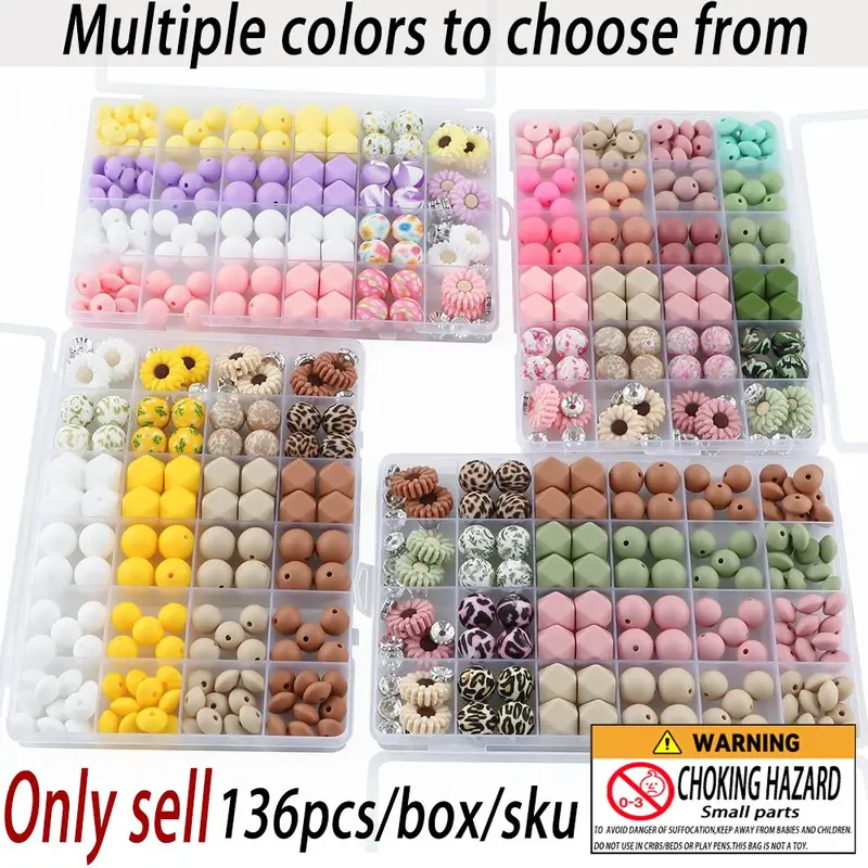 136pcs Silicone Beads Set, Beaded Set, 4 Colors Sunflower Design, DIY Craft Supplies with Box, Jewelry Making Kit, Beading Making, Party Favors, Creative Gift Idea, DIY with Charms, Beads for Crafts