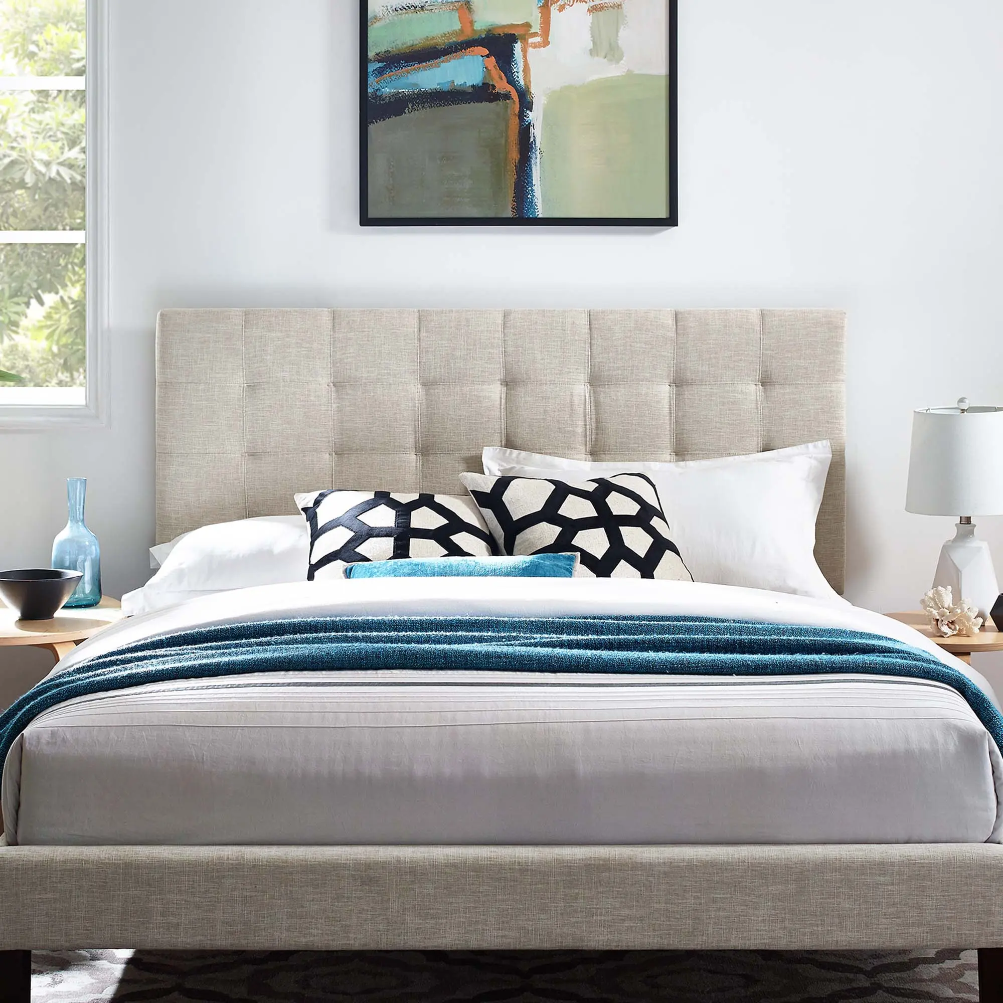 Modway Paisley Tufted Upholstered Linen Fabric Headboard - Durable Fiberboard & Plywood Frame, Fits King & California King Beds, Beige