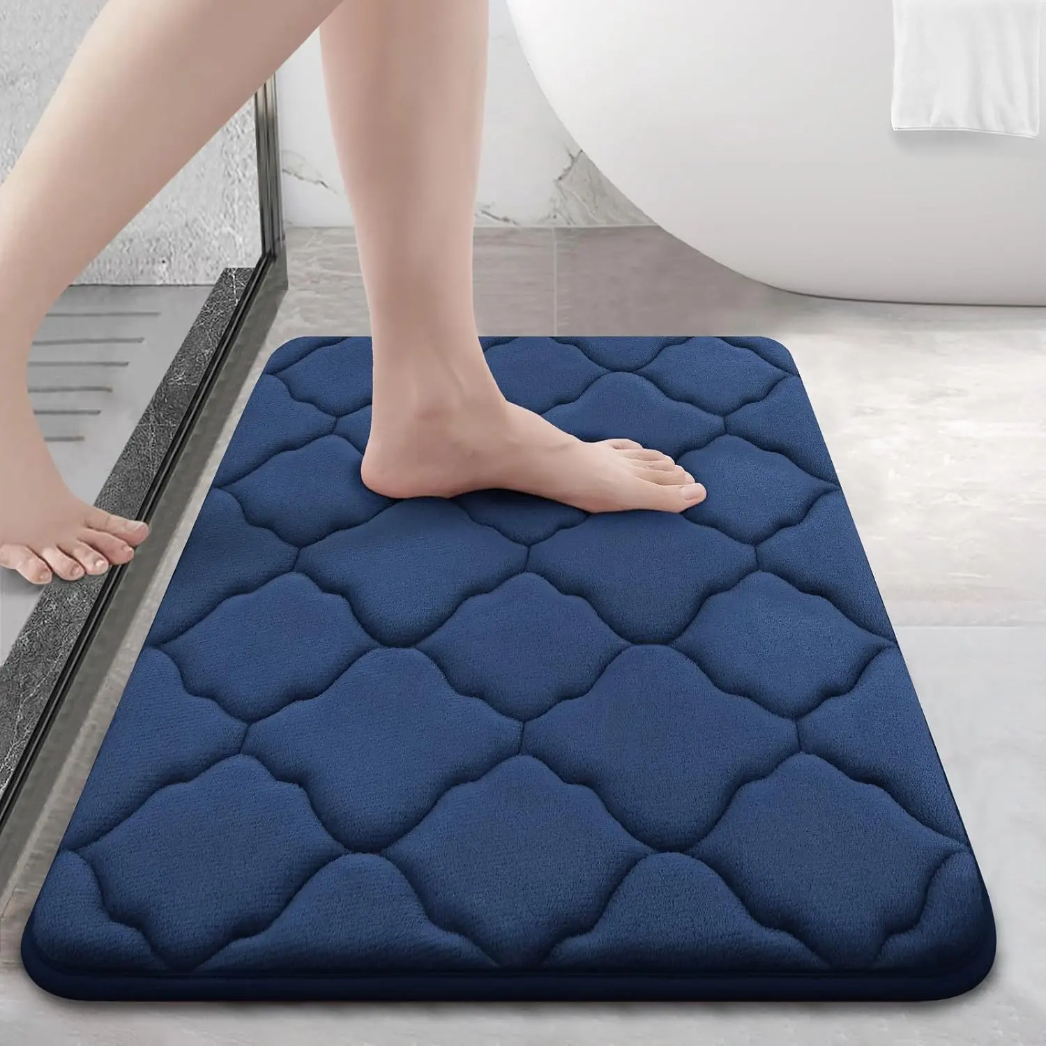 Navy Memory Foam Bath Mat (24x16in) - Thick Velvet Cushion, Quick-Drying, Water-Absorbent, Skid-Prevention, Machine-Washable PVC Rug for Bathroom Floor, Tub, Home Decor
