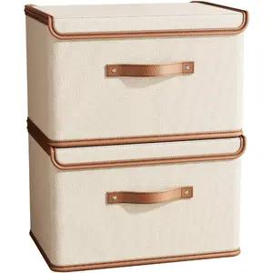 2 Pack Storage Bins with Lids Collapsible Closet Organizer Container Fabric Organizer Box with Handles Decorative Storage Boxes with Lids for Organizing Clothes Books File White Medium