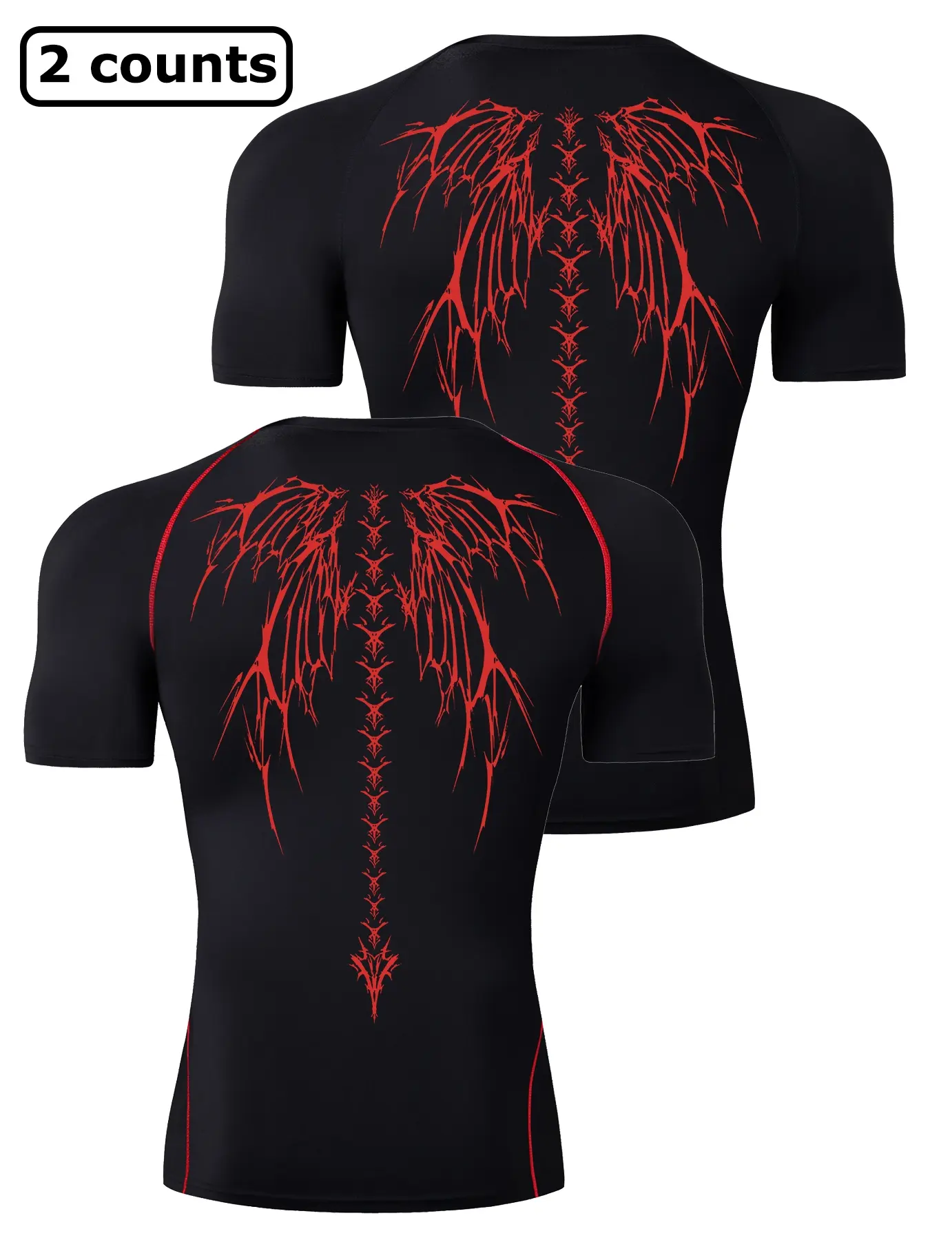 Skeleton Wings Print Short Sleeve Compression Shirt for Men, Summer Gym Workout Fitness Running Sports T-Shirt, Dry Fit Wicking Quick Dry Breathable Tight Fit Tees Sportswear