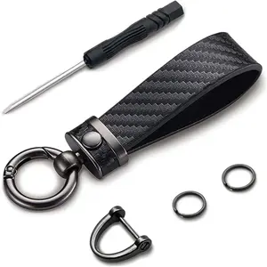 Carbon Fiber Style  Key Chain, Microfiber Leather , 360 Degree Rotatable Anti-Lost D-Ring Key Fob Holder (Black)