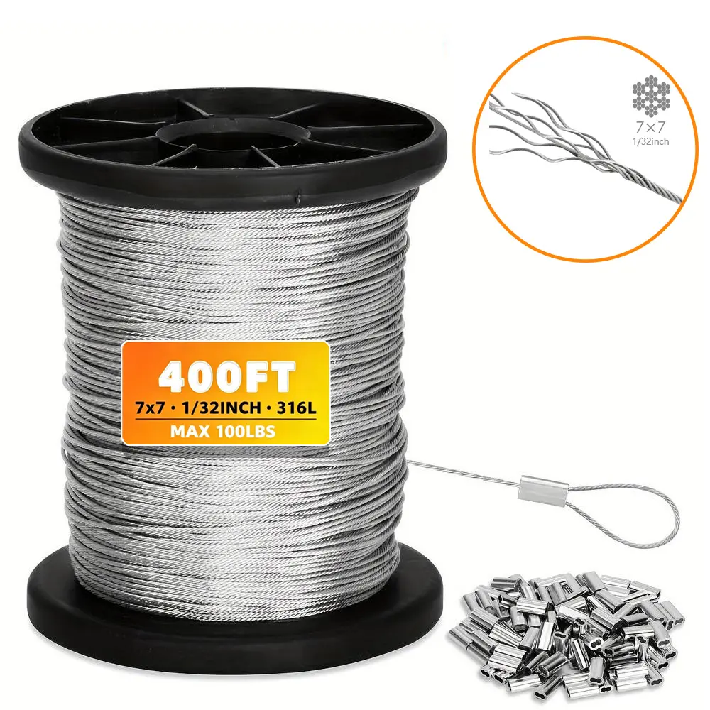 316 1/32"  400/200/100ft Wire Rope Crimping Tool Kit, Stainless Steel Wire Rope Cable with Aluminum Crimping Sleeves and Stainless Steel Thimbles for Railing, Picture Hanging, Decking