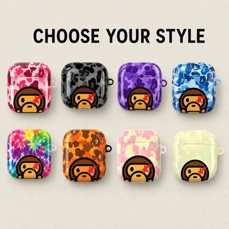 Colorful Urban Camo AirPods Case Cartoon Monkey Shockproof with Keychain Attachment aesthetic Airpod