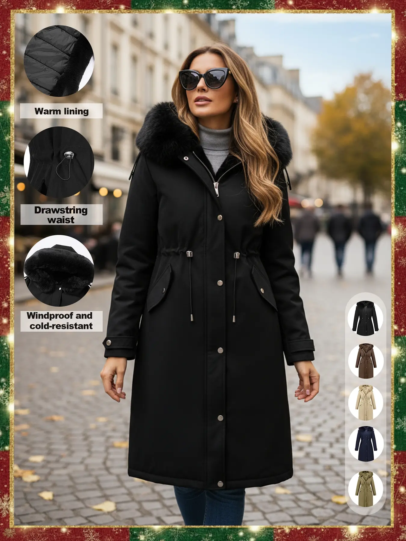 Women's Fall Winter Warm Fashion Casual Basic Mid-Length Parka Coat Jackets, Faux Fur Collar Adjustable Drawstring Waist Belt, Windproof Waterproof Cold-Resistant, Womenswear