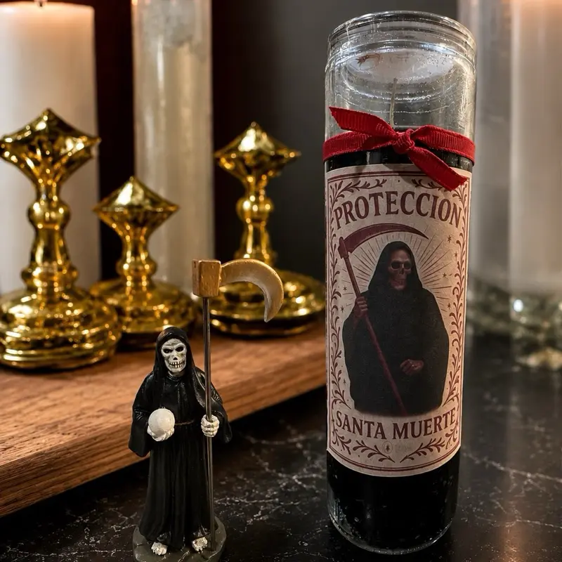 Santa Muerte Black Protection Set – Prayer Candle with 3" Statue