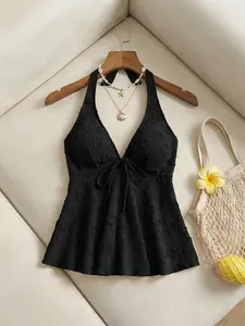 Vacation Style Halter Top, Tie Waist Ruffle Pure Desire Short Sleeve Shirt, Casual Plain Slim Fit Chic Clothing for Women