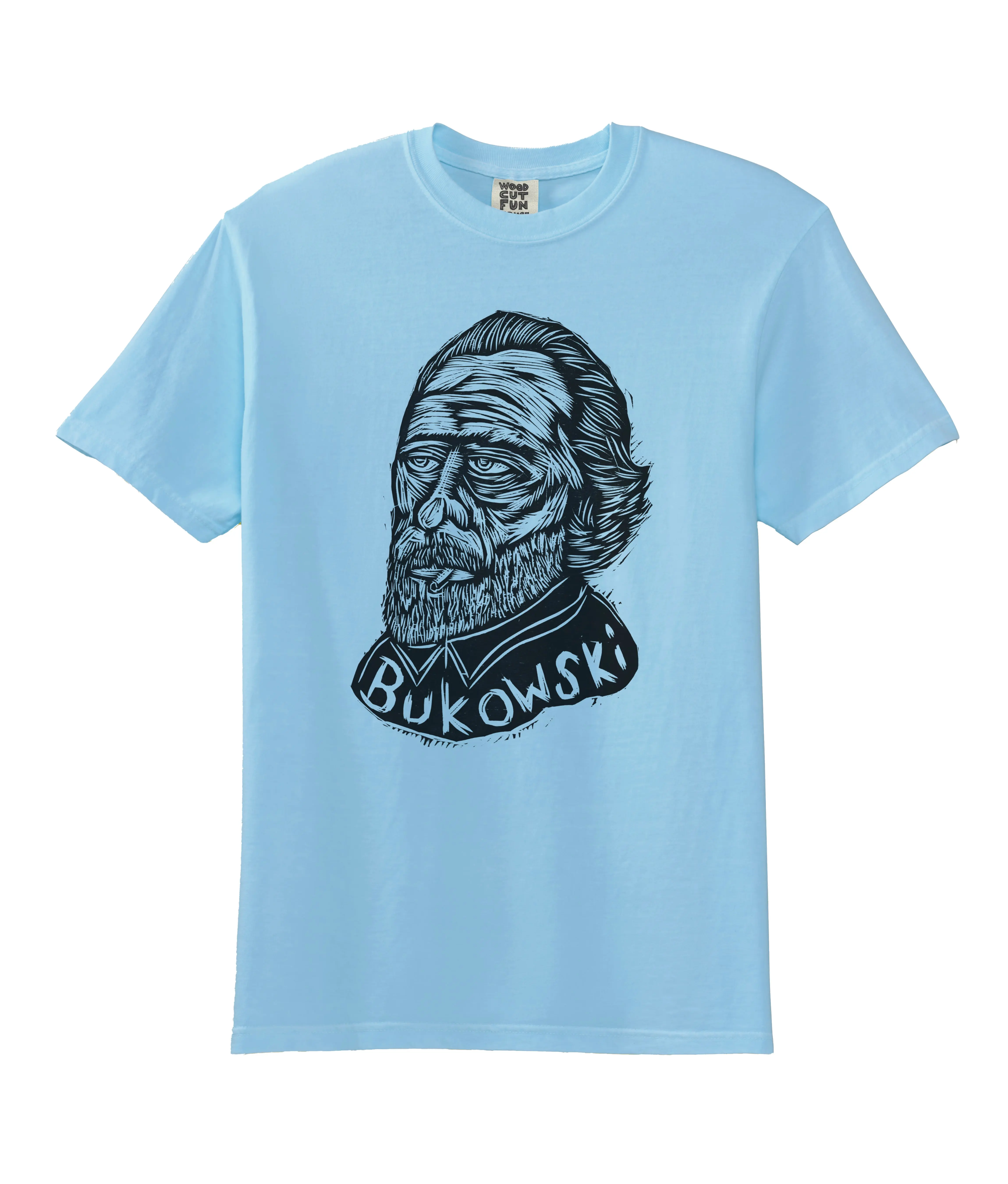 Men's Charles Bukowski Graphic Short-Sleeve Casual Cotton T-Shirt, 100% Cotton Tops, Handprinted Woodcut Design, Oil-Based Relief Ink, Comfort Colors, Machine Washable Menswear, Shortsleeve