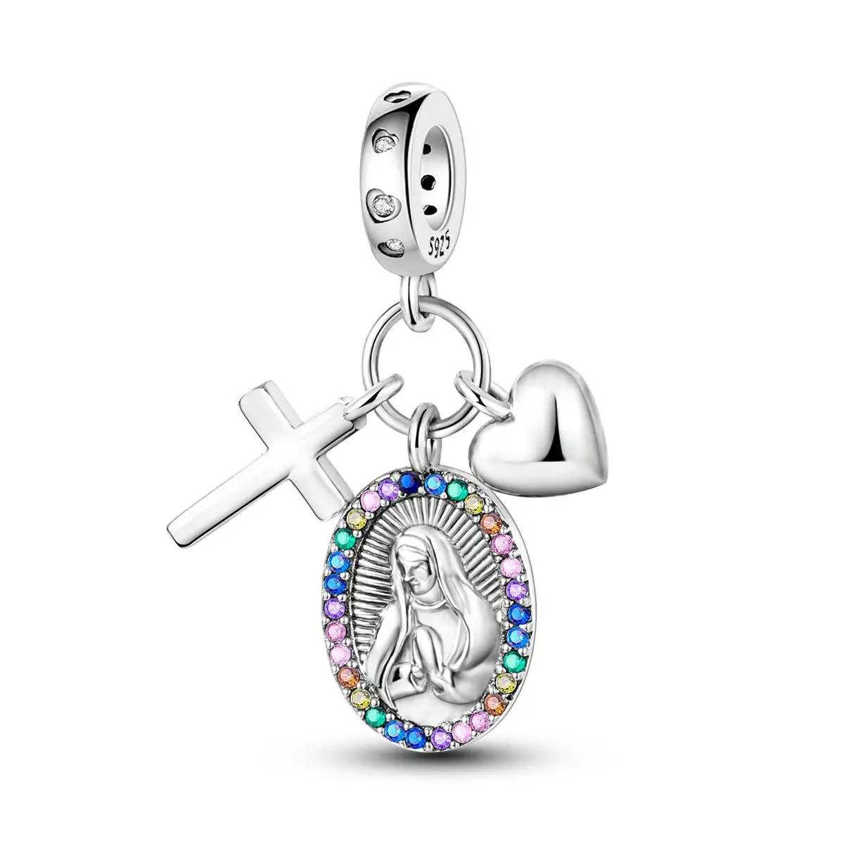 MULA Cross Virgin Mary Charm for Women, 925 Silver Plated Rainbow CZ, Religious Dangle Pendant Bead, Faith Inspired Jewelry, Fits Pandora Bracelet Necklace, Spiritual Gifts for Her Easter Christmas