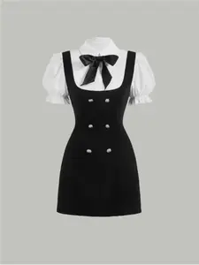 Sweet Cute Two-In-One Knit Summer Dress Lion Head Buckles Button Detachable Bow Preppy Style Chic Fashionable Versatile School Youth Casual Wear Fitted Womenswear Mini, Elegant, Formal, Comfort, Outfit