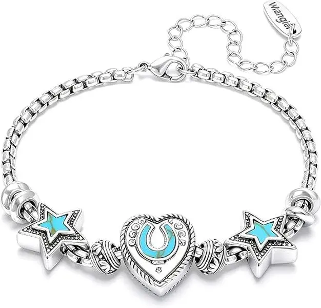 Wrangler 14K Silver/Gold Plated Western Horseshoe Heart & Star Charm Bracelet for Women, Adjustable Enamel Box Chain Bracelet, Southwestern Cowgirl Statement Jewelry