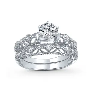 Vintage Style 1CT Round CZ Solitaire & Filigree Band Engagement Ring Set .925 Sterling Silver