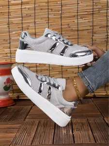 Women's Sparkly Rainbow Platform Sneakers! Shiny Metallic Skate Shoes, Comfy Wedge Casual Shoes for Outdoor & Daily Outfits