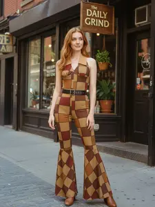1970S GEOMETRIC PATTERN PATCHWORK HALTER JUMPSUIT Womenswear Overalls