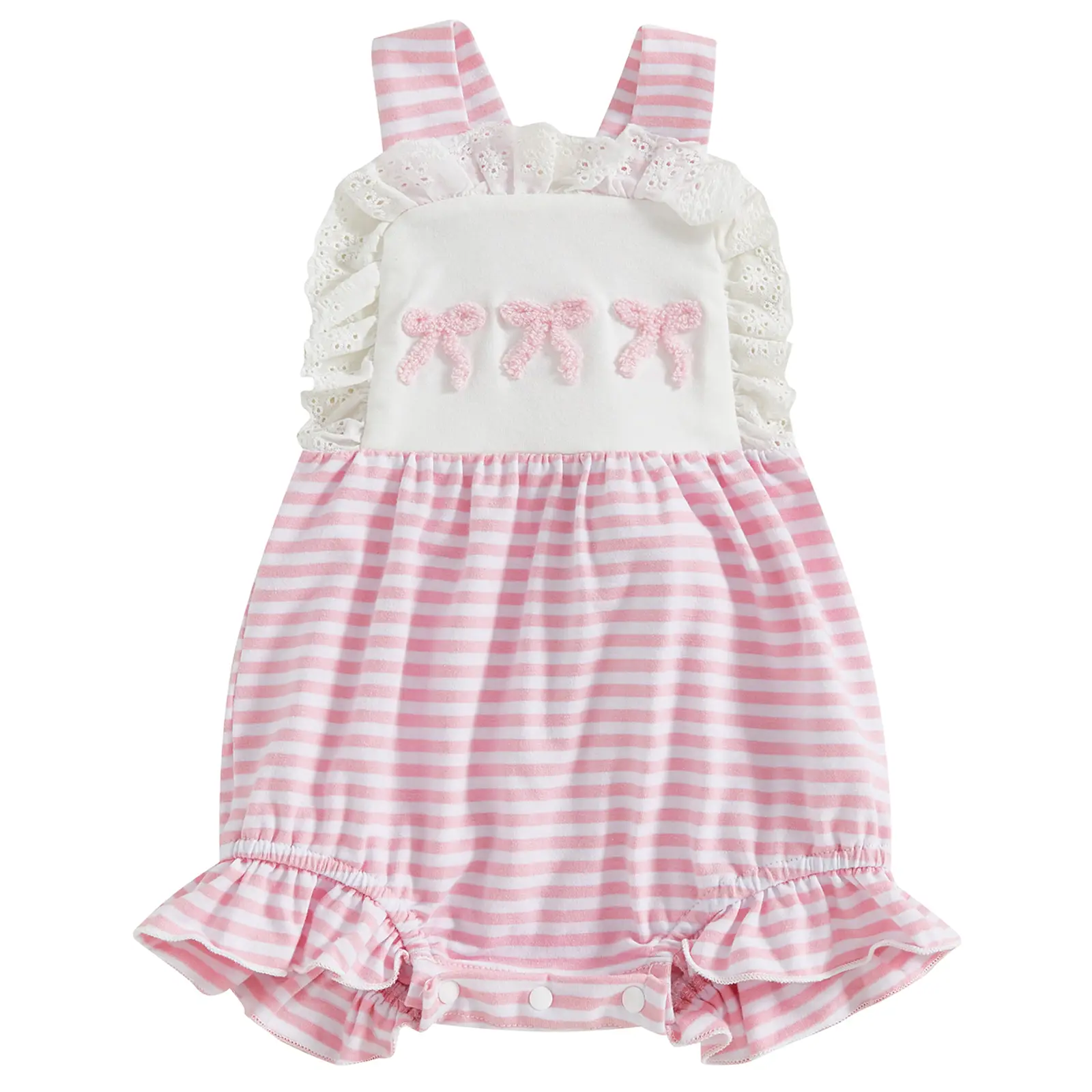 Cute Newborn Baby Girl Sleeveless Overall Romper Bow Embroidery Striped Lace Trim Bubble Bodysuit Summer Backless Sunsuit Clothes