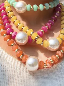 Cross-border Hot Sale, Colorful Resin Handmade Beaded Necklace, Exaggerated Bohemian Vacation Style, ABS Faux Pearl Necklace, Faux Pearl Jewelry