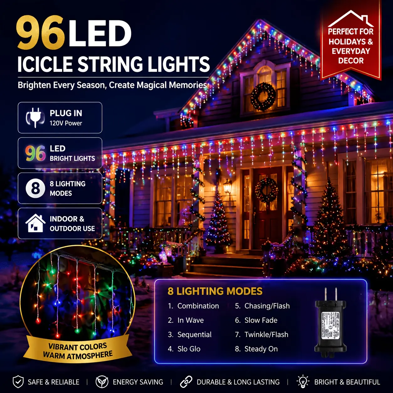 Plug-in ice bar lights, colorful Christmas lights, IP44, 96-LED solar ice pillar lights, 8 modes, flashing string lights connectable for roof eaves during Christmas, summer parties, weddings, and Valentine’s Day decorations