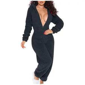 Casual Home Wear Women's Long Sleeve Jumpsuit with Hood Cute Plush