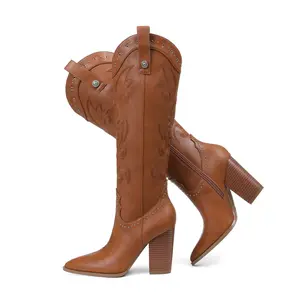 Western Style Women's Knee-high Cowboy Boots with Embroidered Detail Block Heel in Rich Brown Leather for Comfort and Versatility
