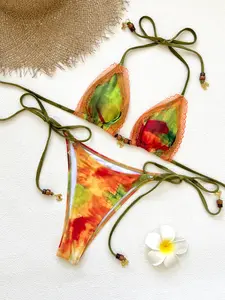 2026 new printed patchwork mini bikini—fashionable, sexy two-piece women’s swimsuit set featuring a low-rise tie design; casual beachwear/swimsuit for vacations and hot springs.