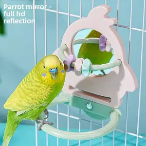 Parrot Chewing Toy Bird Mirror Stand Perch Birdcage Accessories Bird Toy for Boredom Relief with Full HD Reflection and Natural Wood Stand