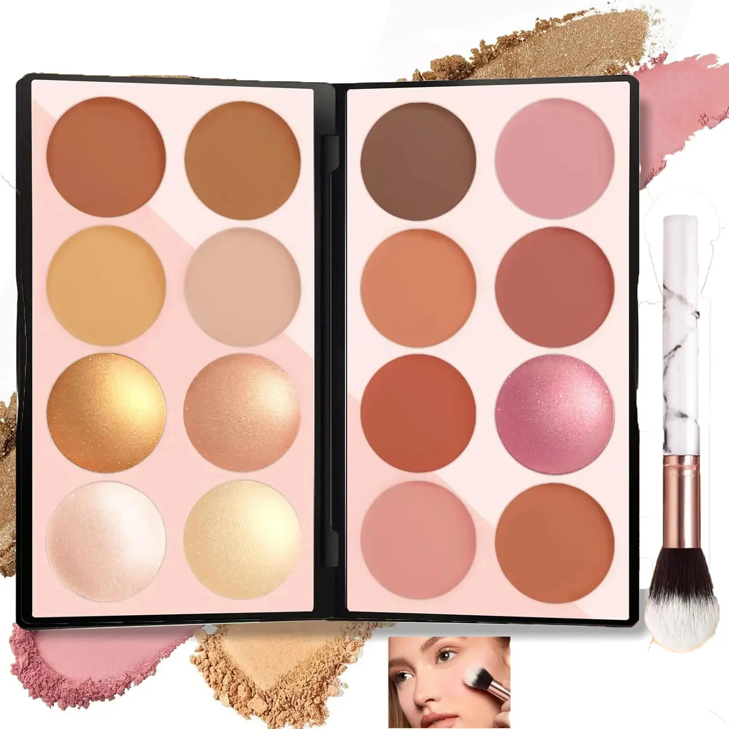 16 Colors Blush Contour Highlighter Makeup Palette with Brush, Matte Mineral Blush Powder, Shimmer Illuminator Bronzer, Professional Facial Beauty Makeup Set
