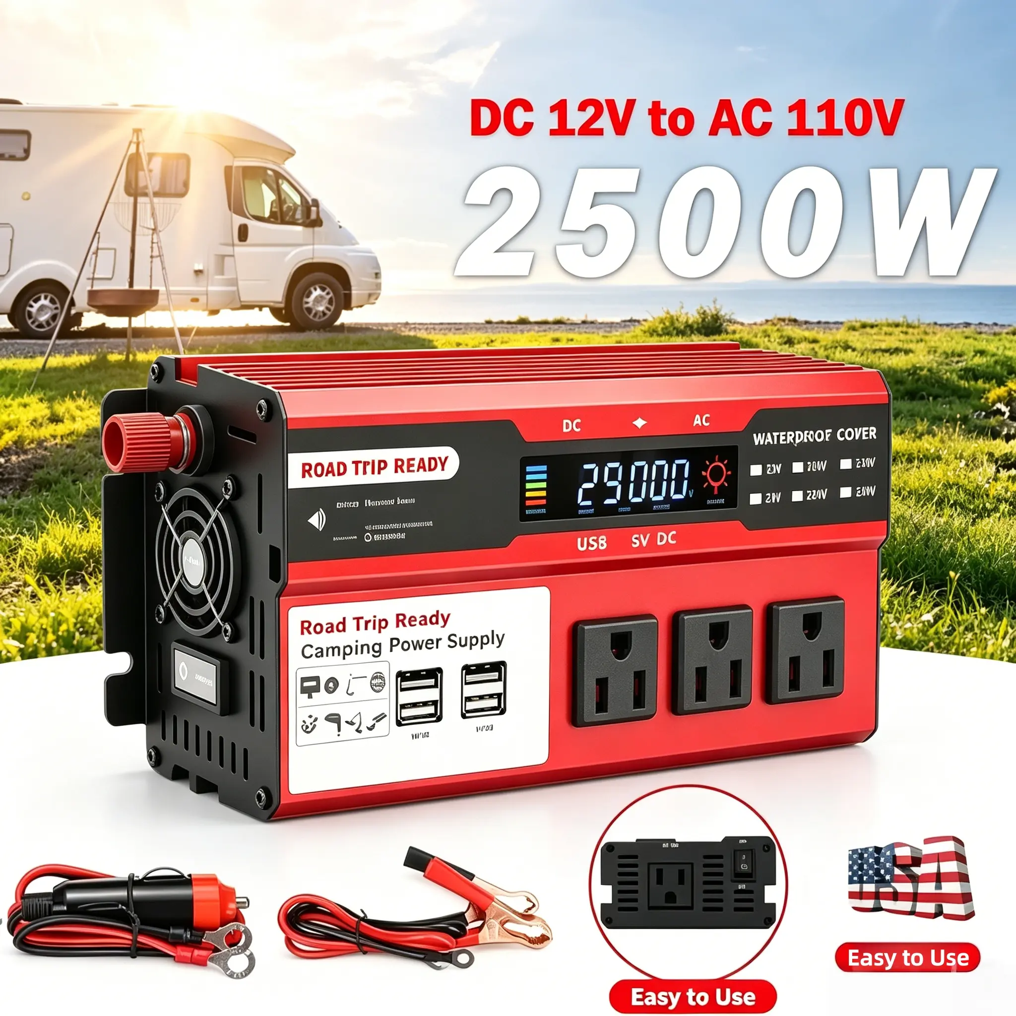 2500W Heavy-Duty Car Inverter DC 12V to 110V, 3 AC Outlets & 4 Fast Charging USB Ports, Multi-layer Safety Protection for Outdoor Camping and Daily RV Travel