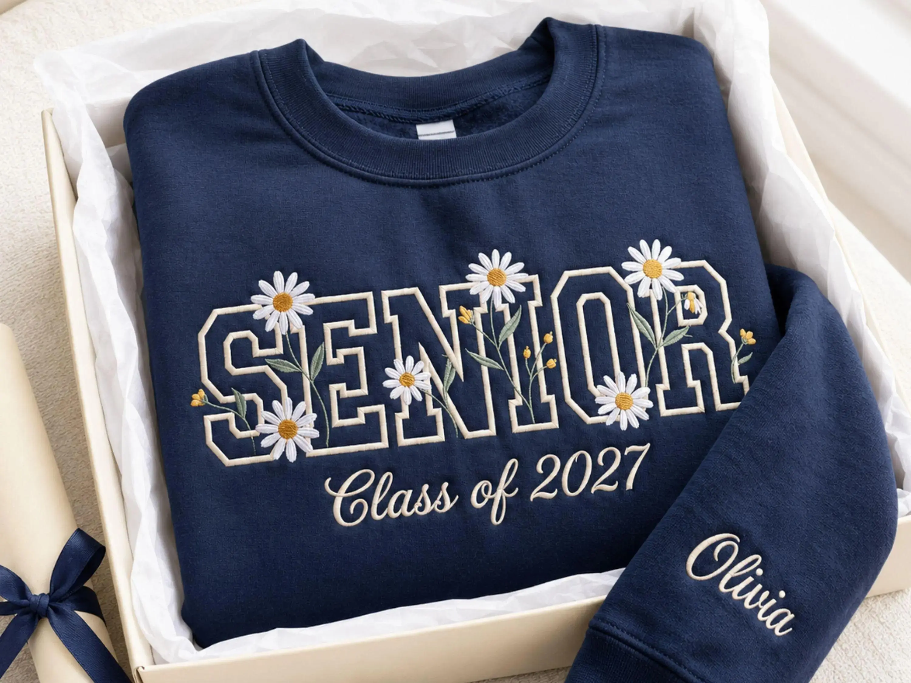 [MADE IN US] Senior 2027 Embroidered Sweatshirt, Wildflower Graduation Crewneck, Personalized Name Sleeve