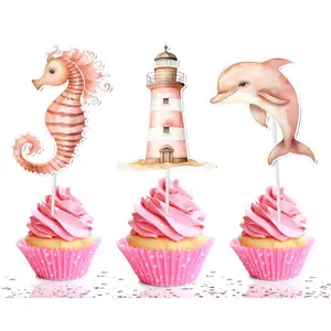 Pink Sailor Cupcake Toppers - 10pcs Set - Nautical Themed Party Decorations