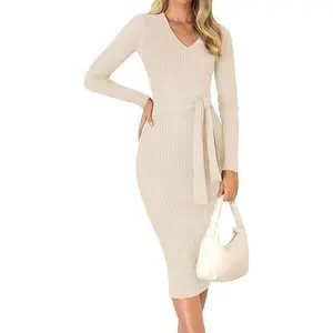 ZESICA 2025 Fall Women’s Knit Midi Sweater Dress – Long Sleeve V-Neck, Ribbed Bodycon Fit with Waist Tie, Ideal for Office, Brunch & Casual Looks