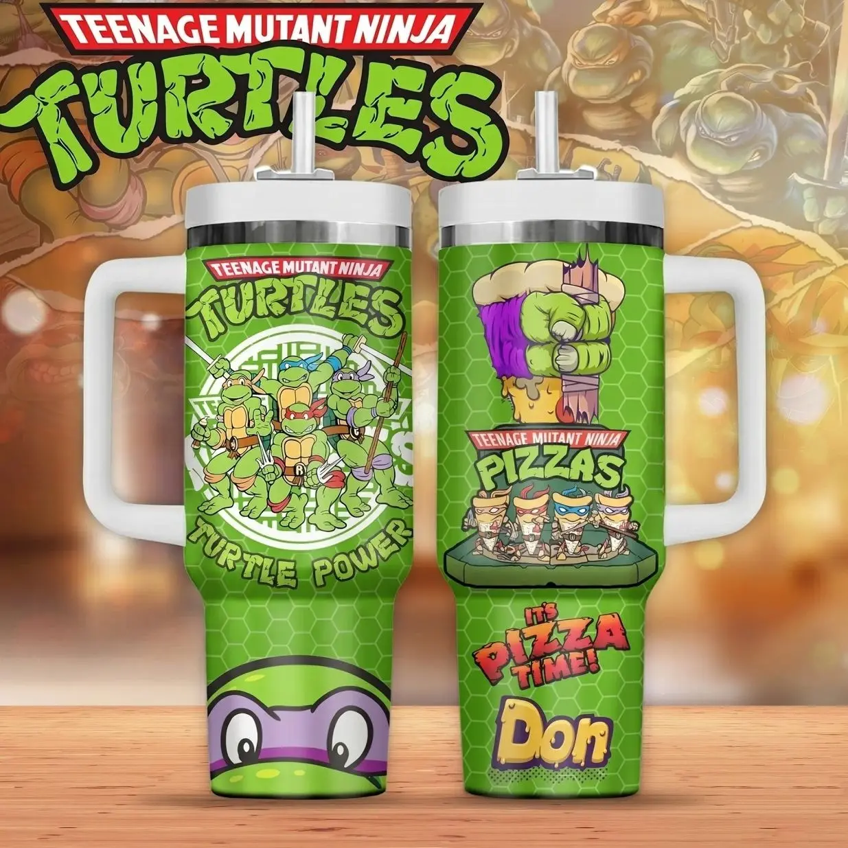 TMNT Teenage Mutant Ninja Turtles 40oz Tumbler with Handle - Retro Cartoon Graphic Travel Mug - It's Pizza Time Turtle Power Design - Double Wall Insulated Stainless Steel Cup with Straw - Gift for 90s Kids & Fans - 40 oz