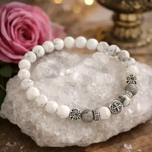 St Benedict Bracelet | White Howlite 6mm Beads & Rhinestone Spacers | Catholic Spiritual Protection Jewelry for Women